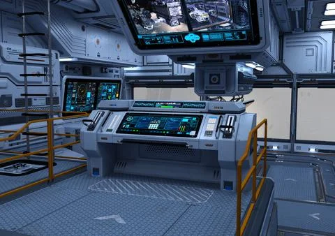 3D Rendering Science Fiction Control Cabin Stock Illustration