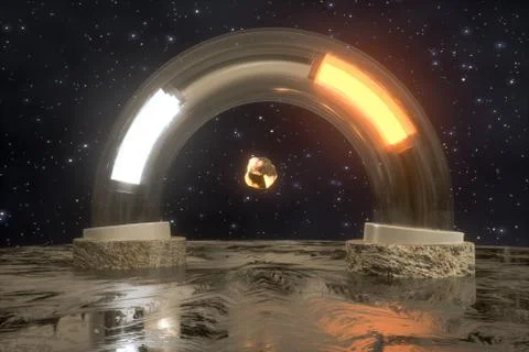 3d rendering, scientific mechanical ring in the outer space. Stockillustratie