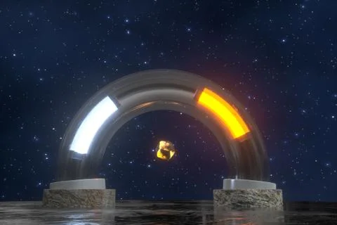 3d rendering, scientific mechanical ring in the outer space. Stockillustratie