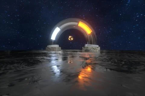 3d rendering, scientific mechanical ring in the outer space. Stock Illustration