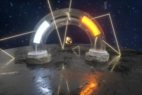 3d rendering, scientific mechanical ring in the outer space. Stock Illustration
