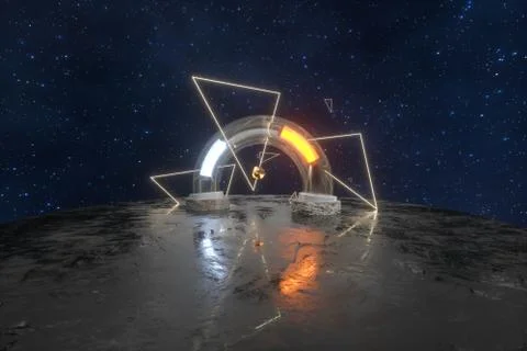 3d rendering, scientific mechanical ring in the outer space. Illustrazione stock