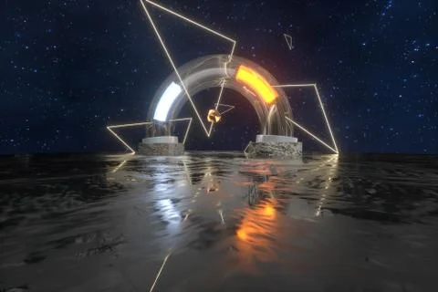 3d rendering, scientific mechanical ring in the outer space. Stock Illustration