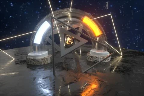 3d rendering, scientific mechanical ring in the outer space. Illustrazione stock