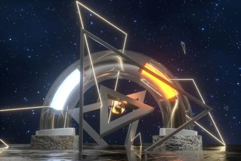 3d rendering, scientific mechanical ring in the outer space. Illustrazione stock