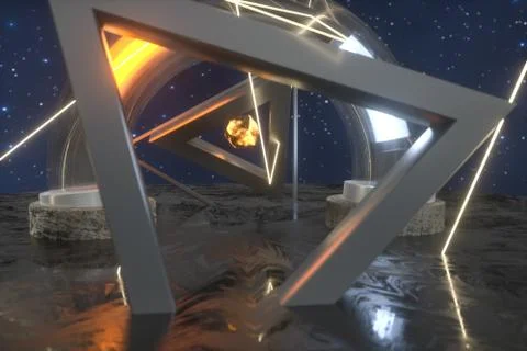 3d rendering, scientific mechanical ring in the outer space. Stock Illustration