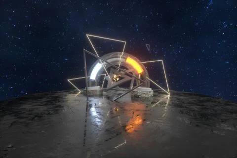3d rendering, scientific mechanical ring in the outer space. 스톡 일러스트