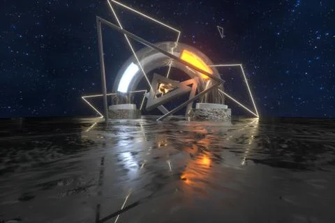 3d rendering, scientific mechanical ring in the outer space. Stockillustratie