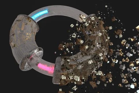 3d rendering, scientific mechanical ring in the outer space. Illustrazione stock