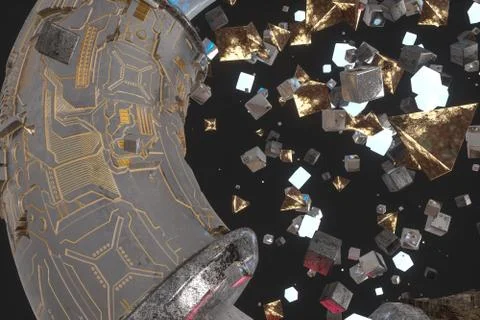 3d rendering, scientific mechanical ring in the outer space. Illustrazione stock