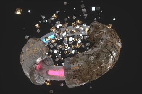 3d rendering, scientific mechanical ring in the outer space. Stock Illustration