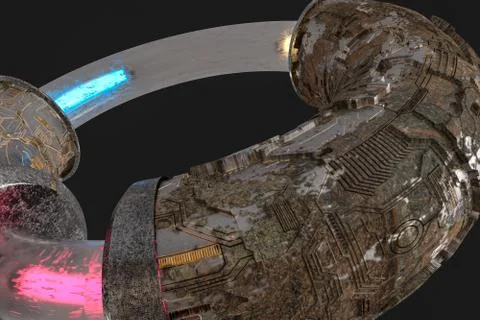 3d rendering, scientific mechanical ring in the outer space. 库存插图