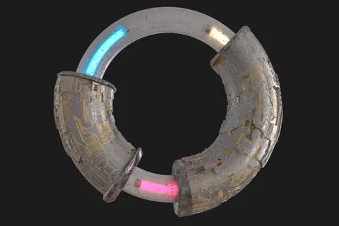 3d rendering, scientific mechanical ring in the outer space. Illustrazione stock