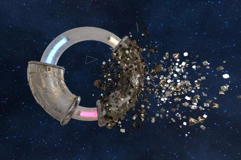 3d rendering, scientific mechanical ring in the outer space. 库存插图