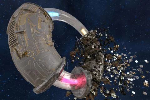 3d rendering, scientific mechanical ring in the outer space. Stock Illustration