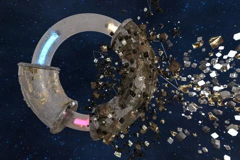 3d rendering, scientific mechanical ring in the outer space. Illustrazione stock