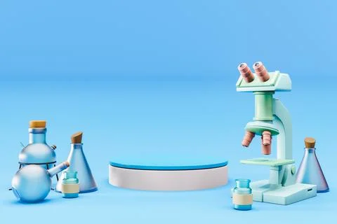3D rendering of scientific microscope with various flasks surrounding pedestal Stock Illustration