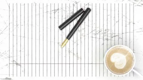 3d rendering of scratch paper with pen and coffee on it Stock Photos