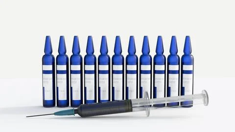 A 3D rendering of sealed, deep blue Methylene Blue ampoules and a syringe Stock Illustration