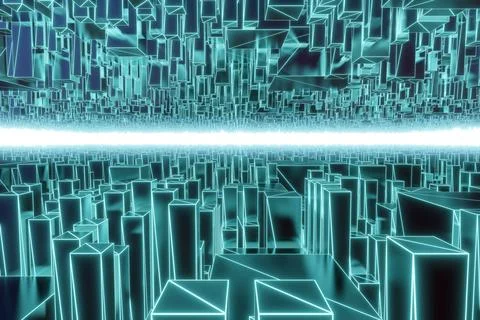3D rendering seamless loop of abstract hologram cyber city up and down Ilustración de archivo