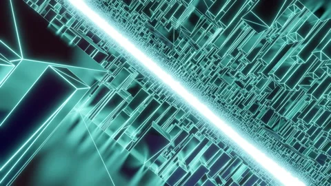3D rendering seamless loop of camera flying through abstract cybercity hologram Stock Footage 162876186