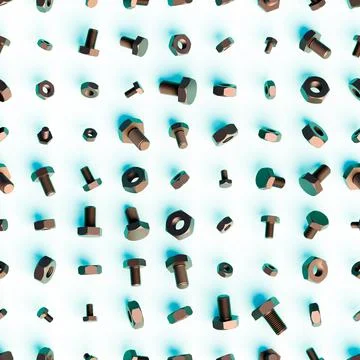 3d rendering. Seamless pattern of bolts and nuts of different sizes, scattere Stock Illustration