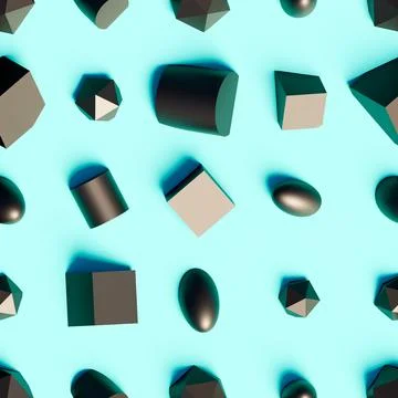 3d rendering. Seamless pattern of different geometric shapes scattered at ran Stock Illustration