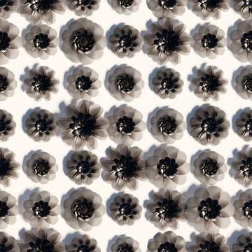 3d rendering. Seamless pattern from glass flowers of dark color on a white ba Stock Illustration