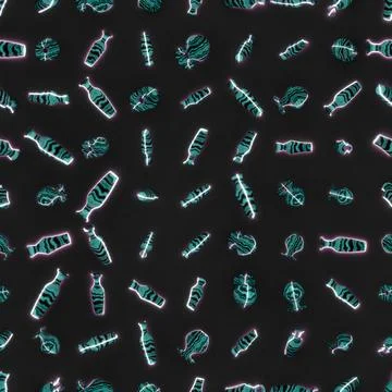 3D rendering. Seamless pattern of marble vases with neon glowing stripes scat Stock Illustration