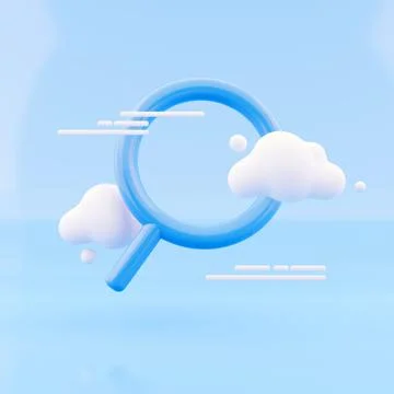 3d rendering search icon with cloud on blue background. Loupe, magnifier 스톡 일러스트