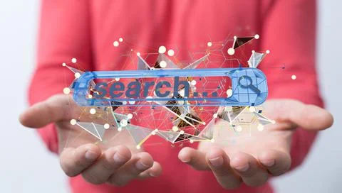 3D rendering of a search web application interface in hands Stock Photos