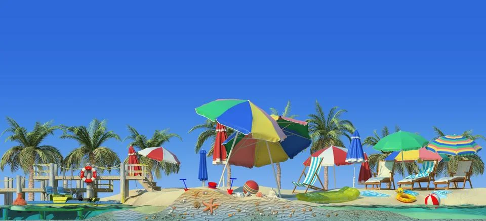 3d rendering of section of beach. View from side. Stock Illustration