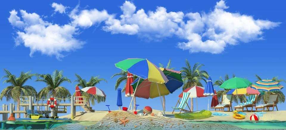 3d rendering of section of beach. View from side. Stock Illustration