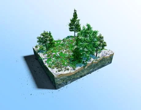 3d rendering of section cut out of snowy green forest island. Isolated on blu Stock Illustration