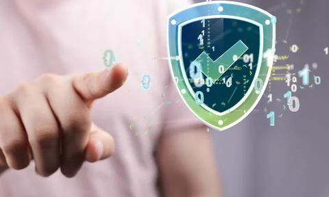 A 3D rendering of a security shield; data protection concept; a shield with d Stock Photos