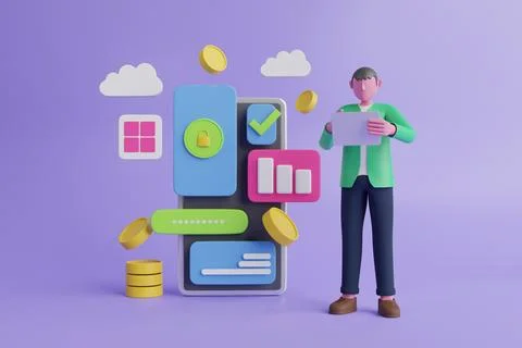 3d rendering security system. Internet banking via credit card on mobile. Stock Illustration