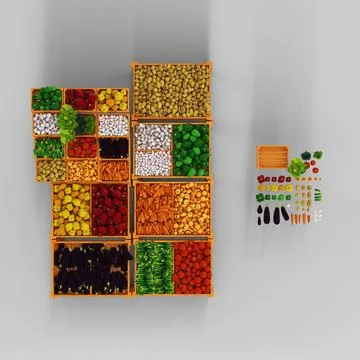 3d rendering of a selection of fresh produce vegetables against a grey backgroun Illustrazione stock