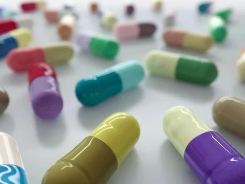 3D rendering of a selection of pharmaceutical medications on a white background Illustrazione stock