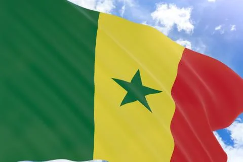 3D rendering of Senegal flag waving on blue sky background Stock Illustration