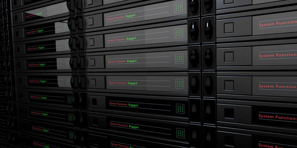 3D Rendering of a server rack array behind closed glass doors Stock Illustration