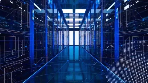 3D rendering of server room data center with bright blue lights, IT Server a Stock Footage 280329613