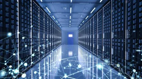 3d rendering server room interior or data center with connection structure 스톡 일러스트