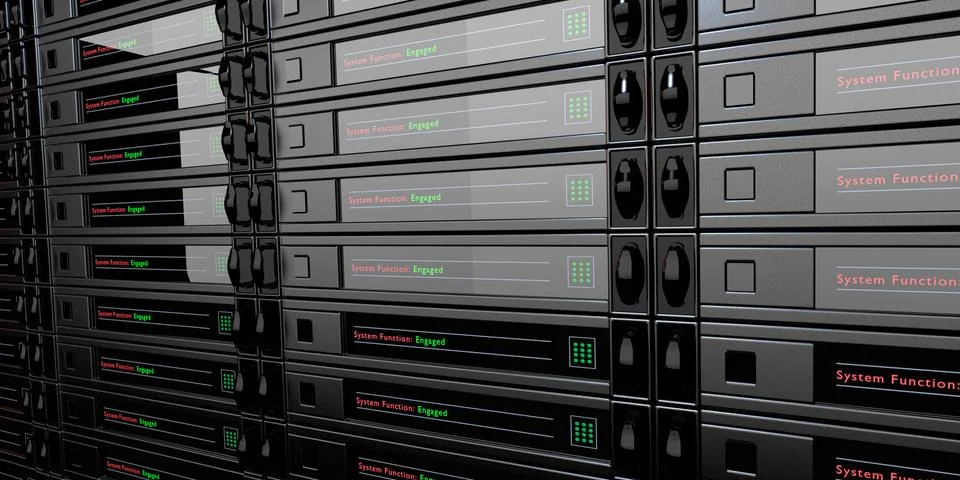 A 3D Rendering of Server Room Rack Array Stock Illustration