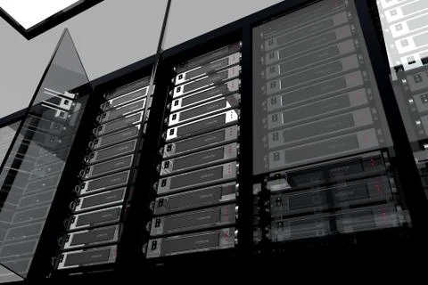 3D Rendering of server room's cabinet rack array. Illustrazione stock