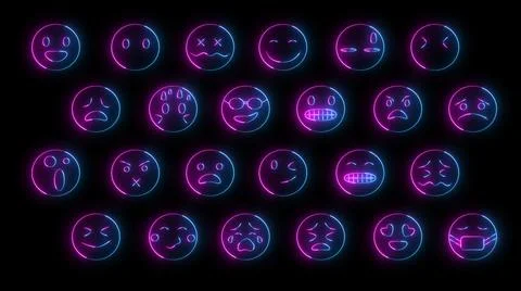 3D rendering of a set of 24 emoji with glow effects 库存插图