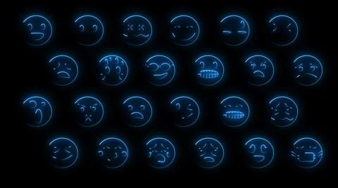3D rendering of a set of 24 emoji with glow effects Stock Illustration