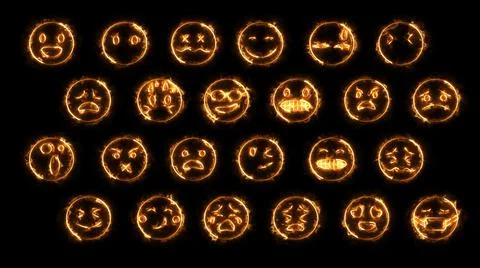 3D rendering of a set of 24 emoji with glow effects Stock Illustration