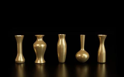 3D rendering of set ceramic gold vase. Different forms of vases for interio.. Stock Photos