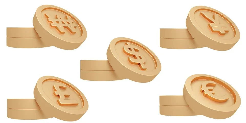 3D Rendering set of currency coins in us dollar won korean yuan china pound.. Stock Illustration