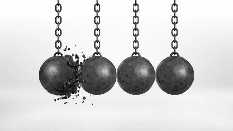 3d rendering of a set of four black iron wrecking balls handing from their Stock-Illustration